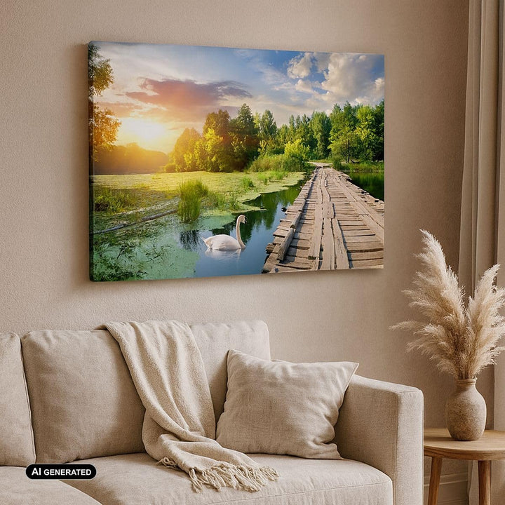 Bilder auf Leinwand 100x70cm Leinwandbild Architektur Promenade Schwan Landschaft Gross Wanddeko Bil