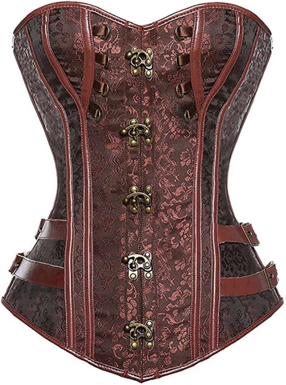 KUOSE Damen Vollbrust Faux Leder Steampunk Corsage Korsett Übergrössen S-6XL, XS Braun-1