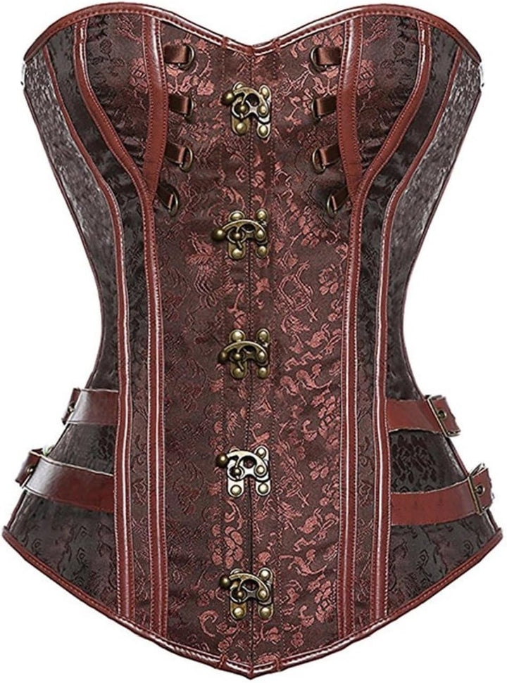 KUOSE Damen Vollbrust Faux Leder Steampunk Corsage Korsett Übergrössen S-6XL, XS Braun-1