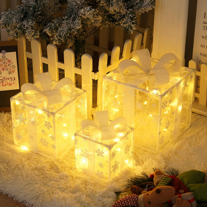 3 Stück Weihnachtsdeko LED Geschenkbox Set Beleuchtet mit Timer Fernbedienung Warmweiss Licht Gesche