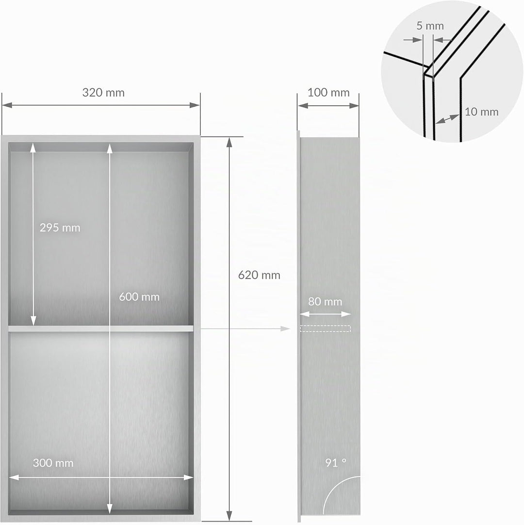 LuxeBath Wandnische Doppel aus Edelstahl, 30x60x10cm, Silber, Duschnische mit Rahmen, Einbauregal, F