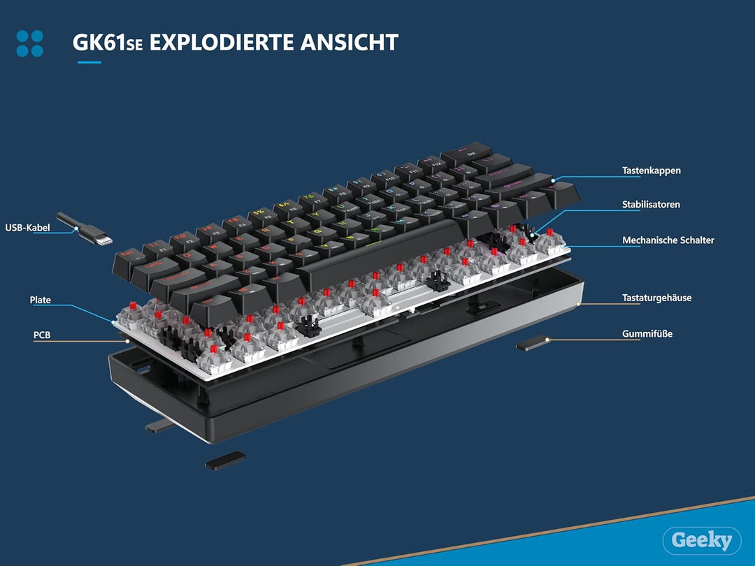 Geeky GK61 SE 60% | Mechanische Gaming-Tastatur | 62 Tasten Multi Color RGB LED Hintergrundbeleuchtu