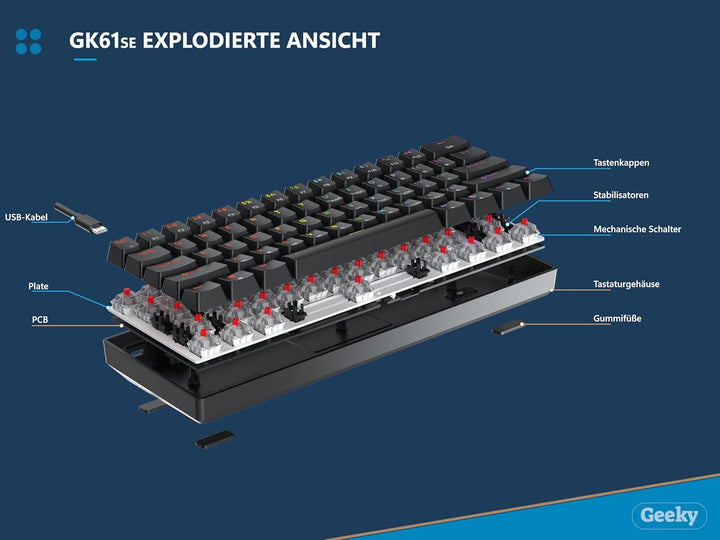 Geeky GK61 SE 60% | Mechanische Gaming-Tastatur | 62 Tasten Multi Color RGB LED Hintergrundbeleuchtu