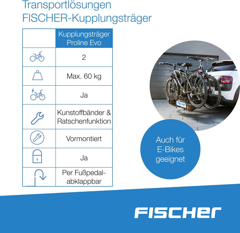 Fischer Kupplungs-Fahrradträger ProlineEvo 2, für 2 Fahrräder bis 60kg Nutzlast, E-Bike geeignet, vo