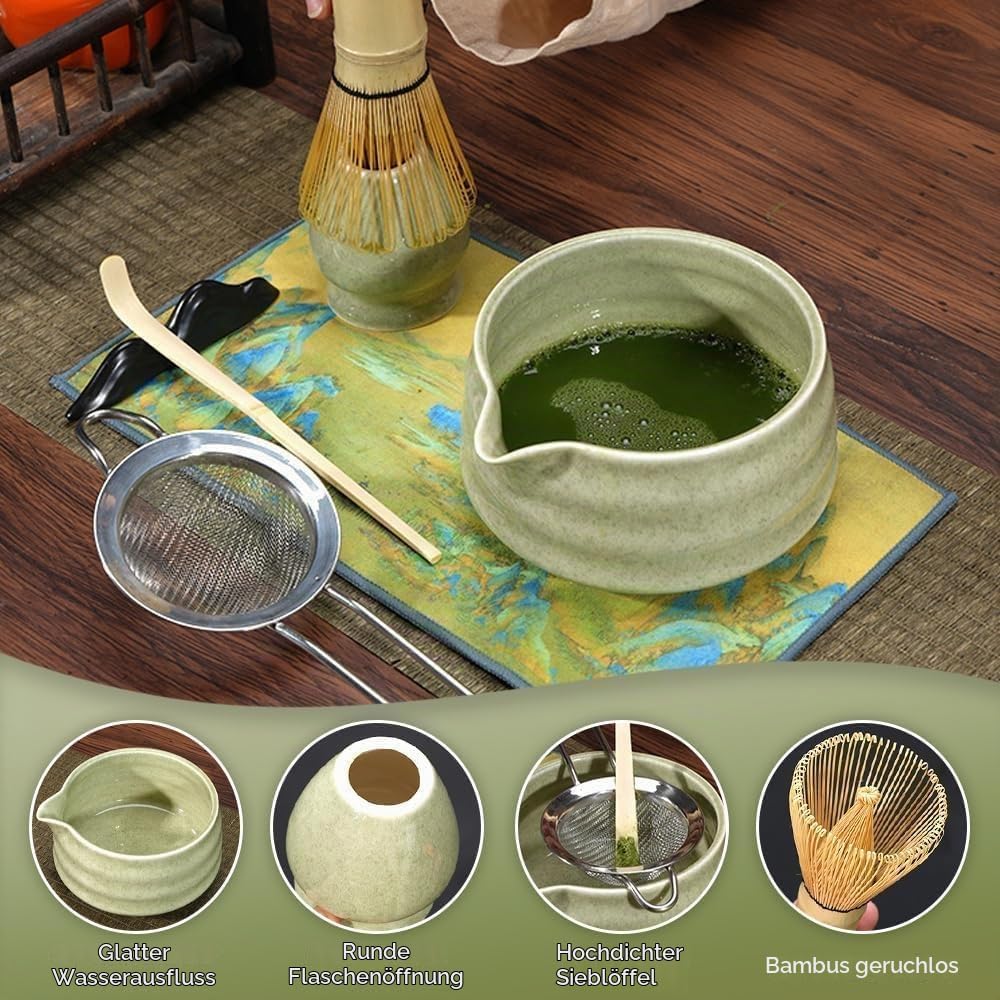5 Stück Matcha Set, Bambus Matcha Besen, Keramik Matcha Schale mit Ausgiesser, Matcha Whisk, Schaufe