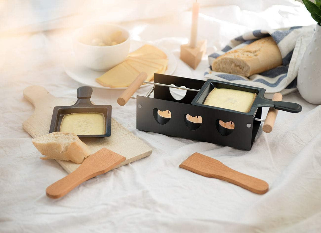 Rosenstein & Söhne Mini-Raclette-Grill: 4er-Set Teelicht-Raclette für 2 Personen, mit Schabern und T