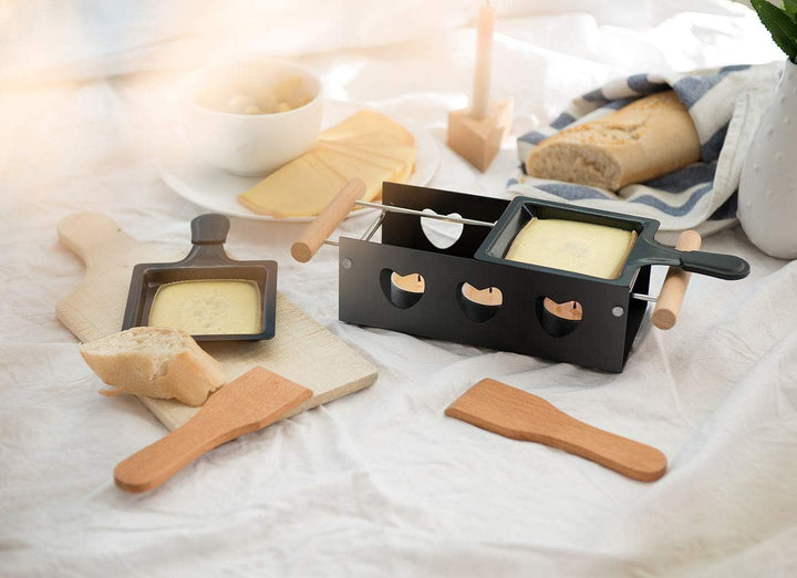 Rosenstein & Söhne Mini-Raclette-Grill: 4er-Set Teelicht-Raclette für 2 Personen, mit Schabern und T
