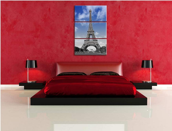 Eifelturm mit blauem Himmel Paris schwarz/weiss 3-Teiler Leinwandbild 120x80 Bild auf Leinwand, XXL
