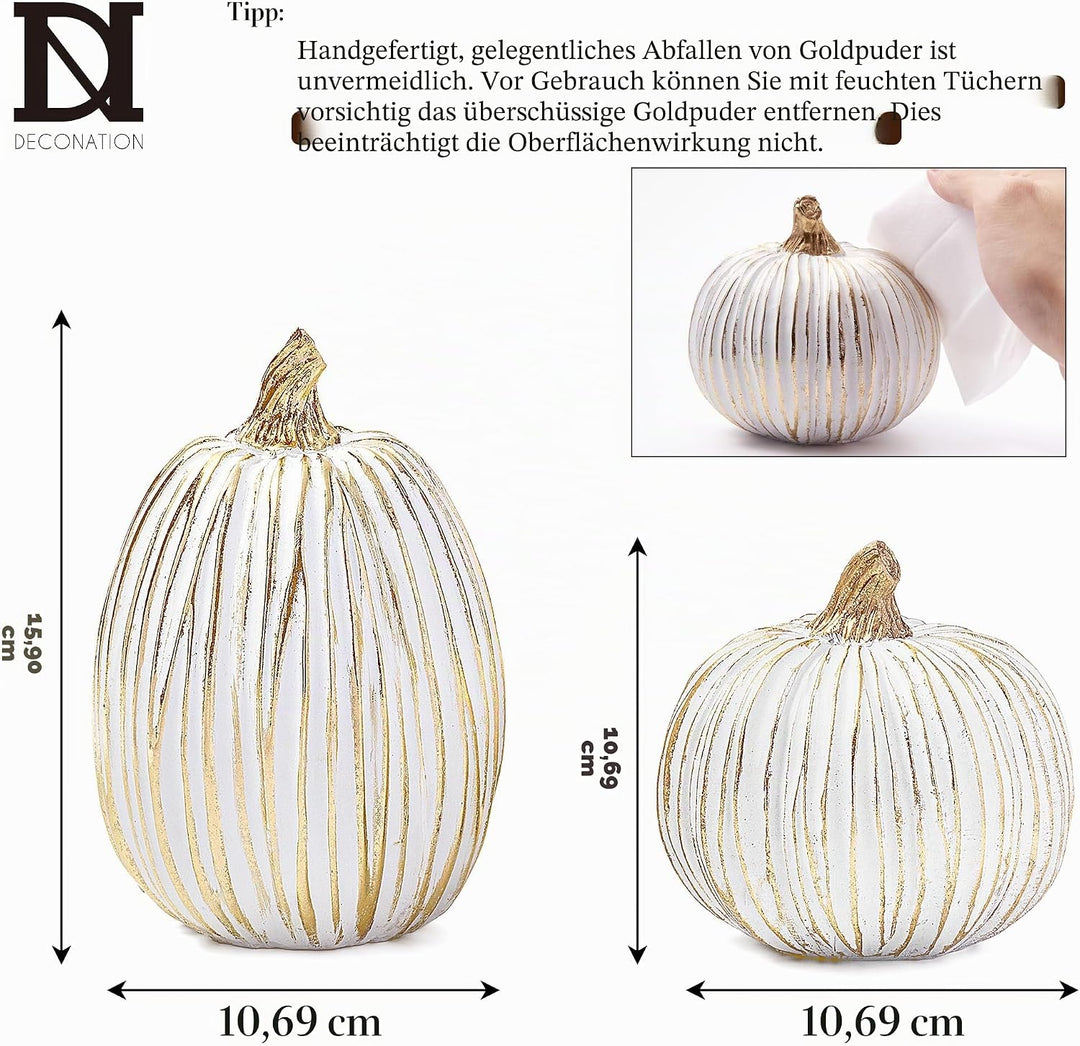 DN DECONATION 2er Set Deko Kürbisse – Geschnitzte Kürbisdeko aus Kunstharz Weiss & Gold – Herbstdeko