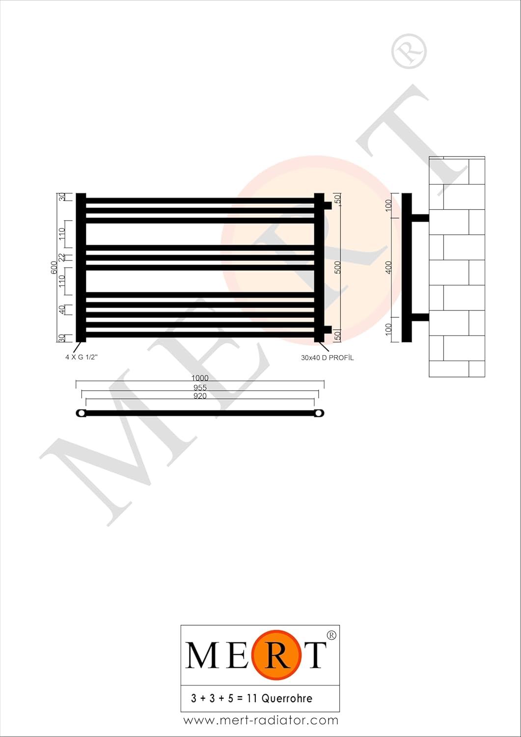 MERT Austausch Badheizkörper mit Anschluss rechtsseitig | 100x60cm 600 mm x 1000 mm Nabenabstand: 50