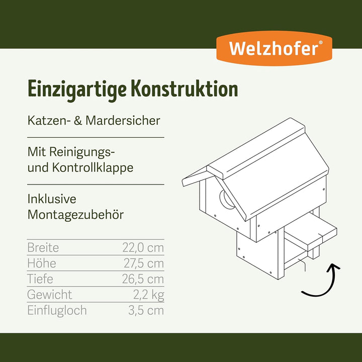 Welzhofer Nistkasten Nancy, Vogelhaus mit 34mm Einflugloch, handgemacht in Europa, für Kohlmeisen, K