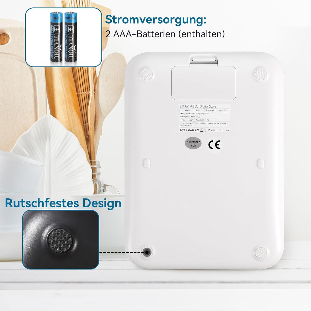 BOMATA Wasserdichte IPX6 Küchenwaage, 0,1g hohe Präzision, 5kg, digitale Waage mit Hintergrundbeleuc