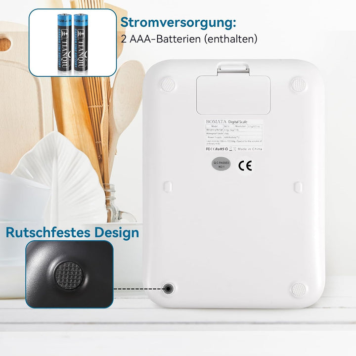 BOMATA Wasserdichte IPX6 Küchenwaage, 0,1g hohe Präzision, 5kg, digitale Waage mit Hintergrundbeleuc