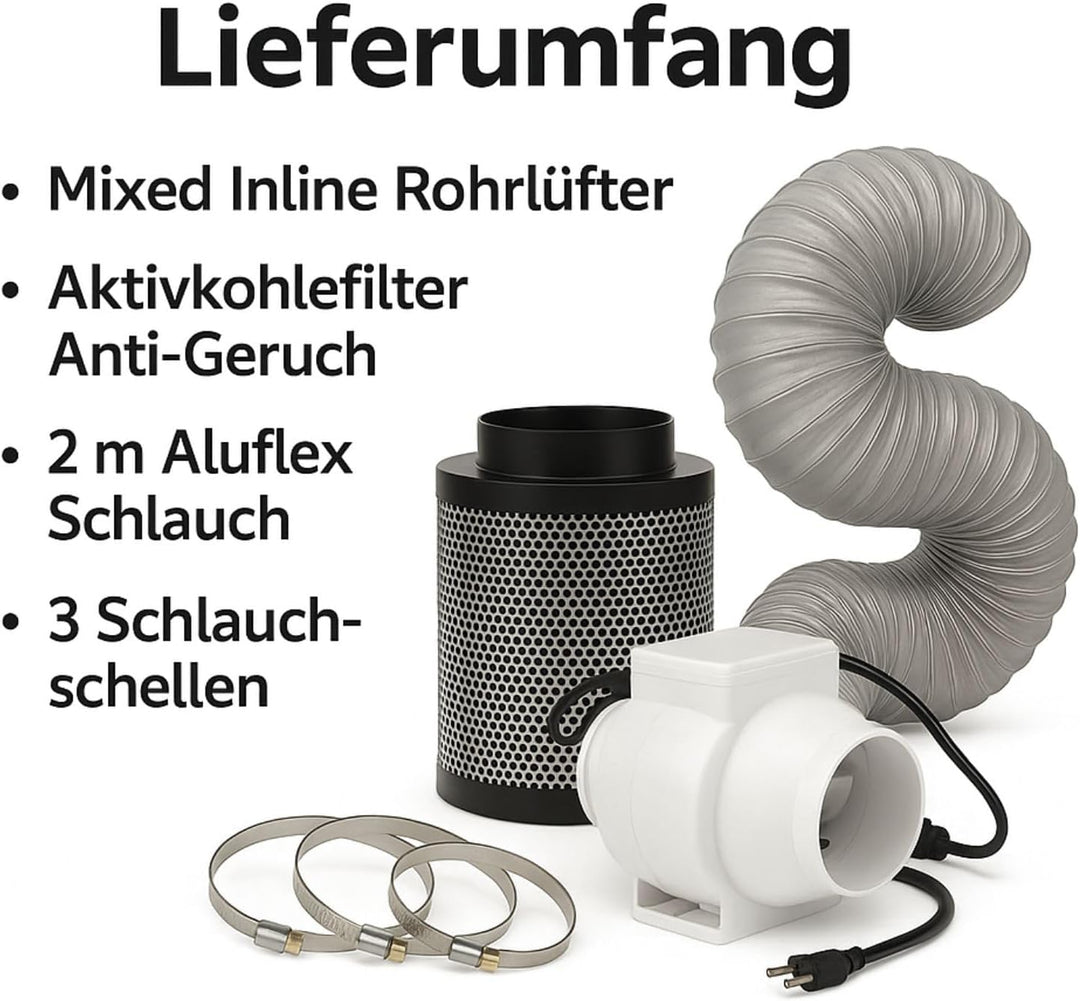 Weedness Grow Abluft Aktivkohlefilter Set 840-1040 m³ Belüftungsset - Indoor Anbau Lüftungsset Rohrv