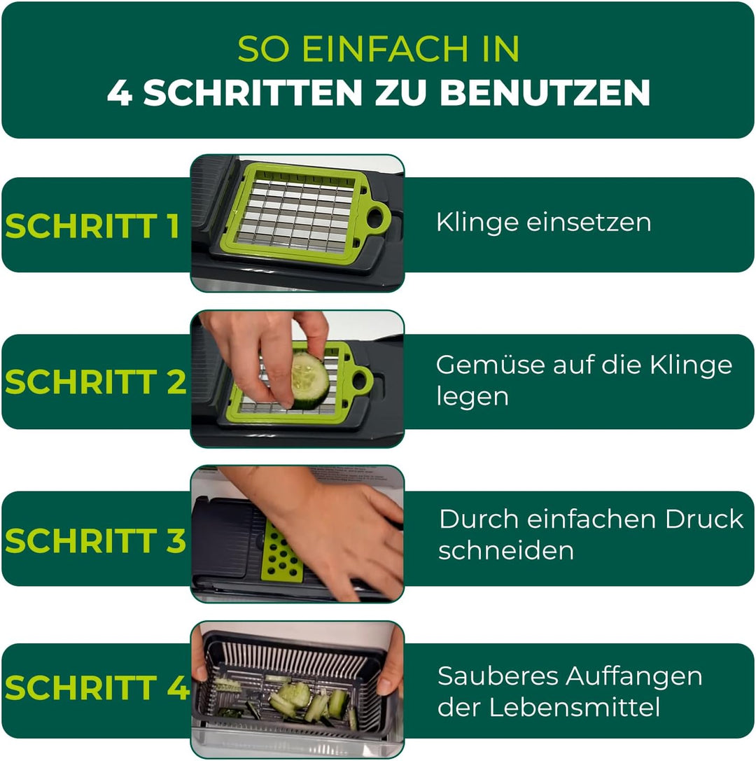 Elyrona - Multifunktion Gemüseschneider & Mandoline – Gemüsehobel mit Auffangbehälter, Würfelschneid