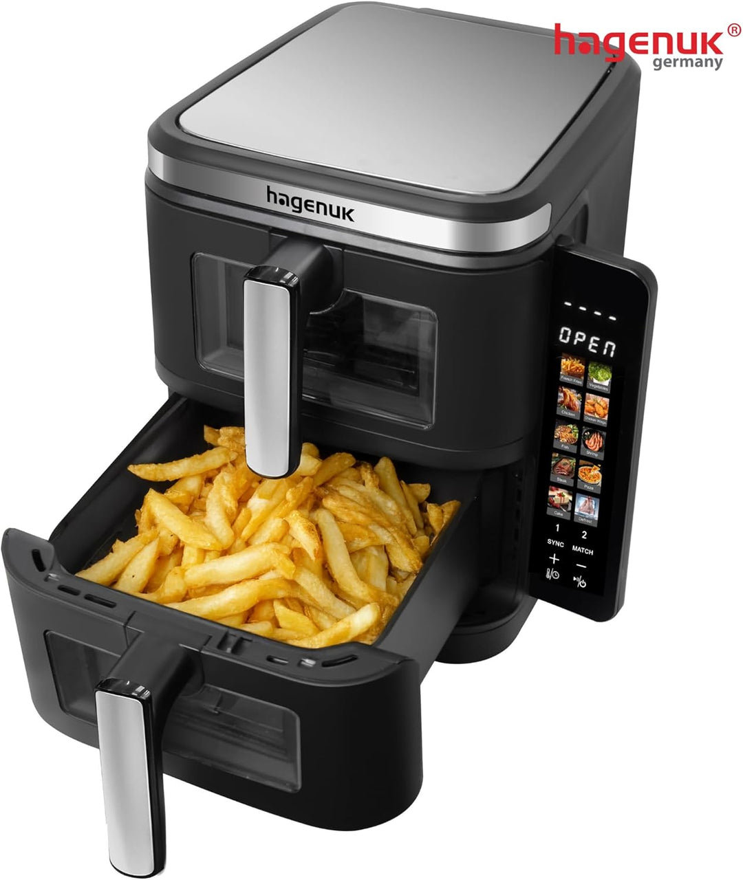 Premium Doppel-Heissluftfritteuse 2×5,5L mit Sichtfenster, 10 Programmen, Grill-Einsatz, Touchdispla