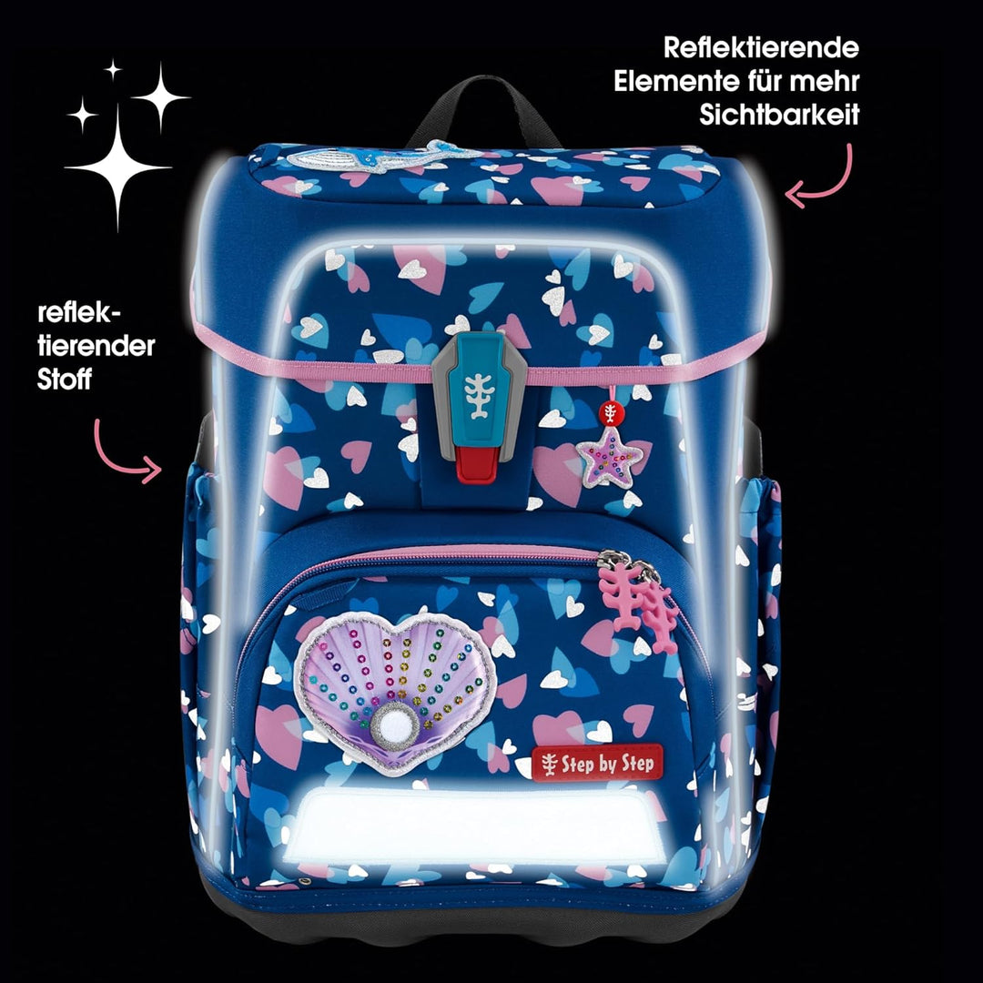 Step by Step Schulranzen-Set CLOUD REFLECT „Seashell Pearl“ 5-teilig, blau-rosa, Panther-Design, erg