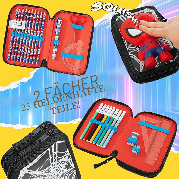 Marvel Federmäppchen für Jungen, Federmäppchen, Fächer, gefüllt, für Schule, Filz, Buntstift, Gesche