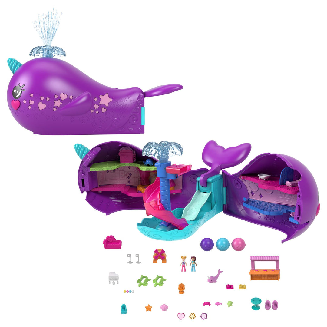 POLLY POCKET Sparkle Cove Adventure Narwalabenteurer Boot - 2 Puppen, 3 auflösbare Perlen, 13 Zubehö