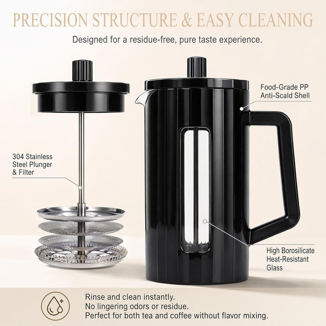 French Press 1 Liter, Glas Kaffeebereiter mit Edelstahlfilter | Stabile french press aus hitzebestän