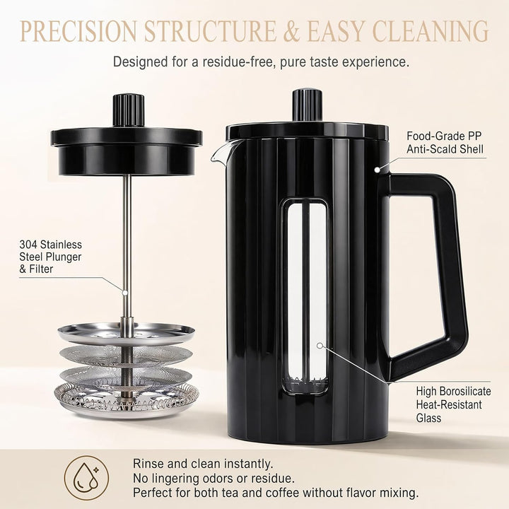 French Press 1 Liter, Glas Kaffeebereiter mit Edelstahlfilter | Stabile french press aus hitzebestän