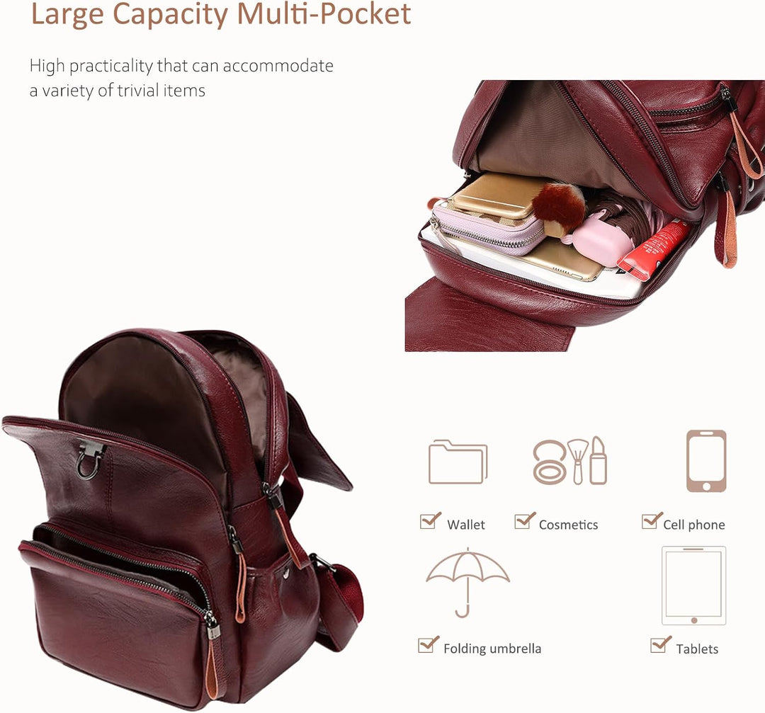 NICOLE & DORIS Damen Lederrucksack Lässiger Damenrucksack für Damen Rucksackbeutel für Damen Weinrot