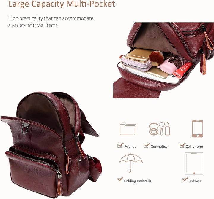 NICOLE & DORIS Damen Lederrucksack Lässiger Damenrucksack für Damen Rucksackbeutel für Damen Weinrot