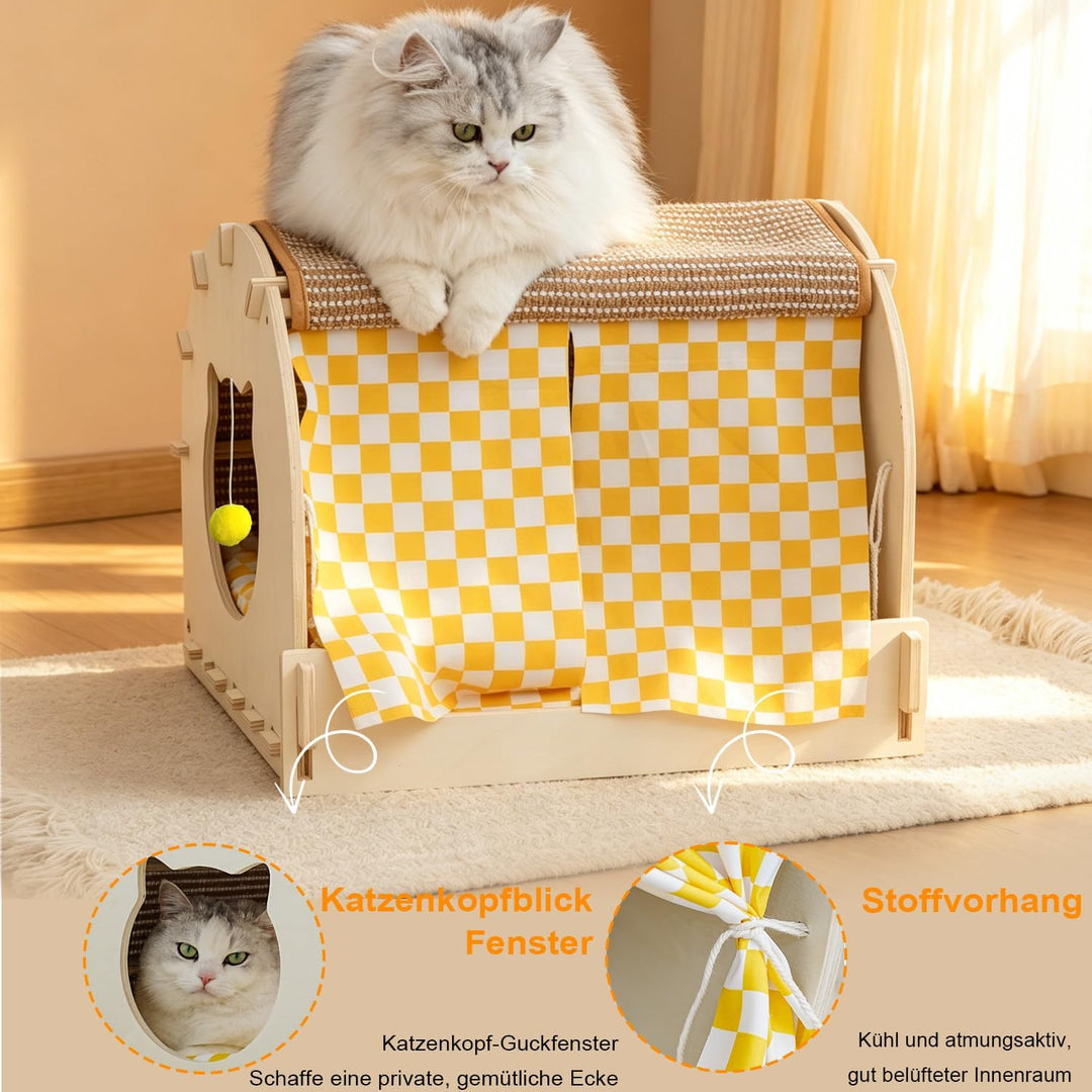 Katzenhaus aus Holz, 2-in-1 Katzenhaus mit Kratzbrett, Haustierhäuser, Katzenhöhle mit Kissen, Katze