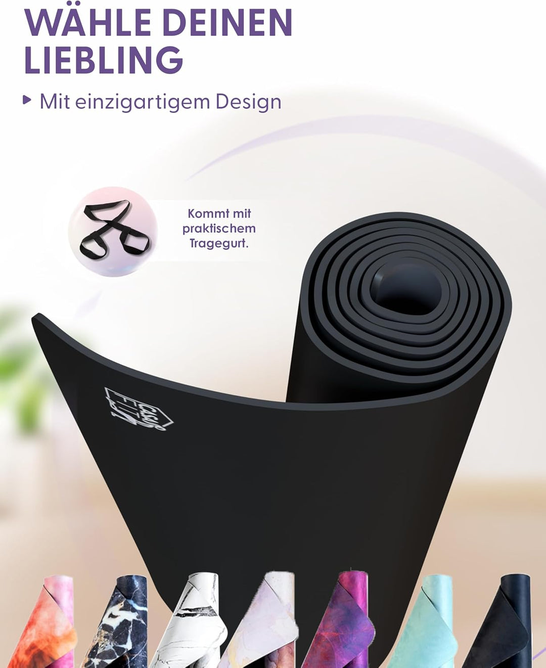 Fitnessmatte, Yogamatte aus umweltfreundlichem Naturkautschuk und rutschfest mit Design und Tragegur