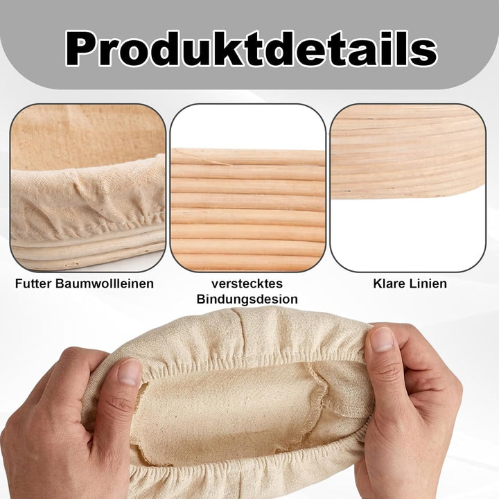 Ovales Gärkörbchen-Set (25x15x8 cm) mit Leinenhaube – Handgeflochtener Rattan-Gärkorb für Brotteig b