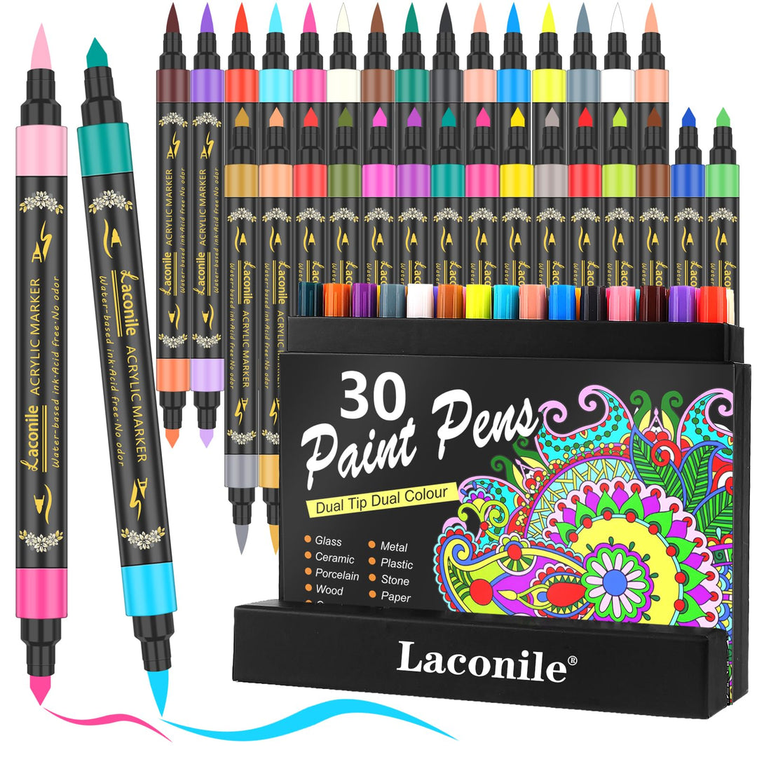 Laconile 30 Acryl Marker Stifte mit 60 Farben, Acrylstifte für Steine Wasserfest, Dual Tip Acryl Pai