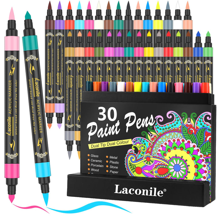 Laconile 30 Acryl Marker Stifte mit 60 Farben, Acrylstifte für Steine Wasserfest, Dual Tip Acryl Pai