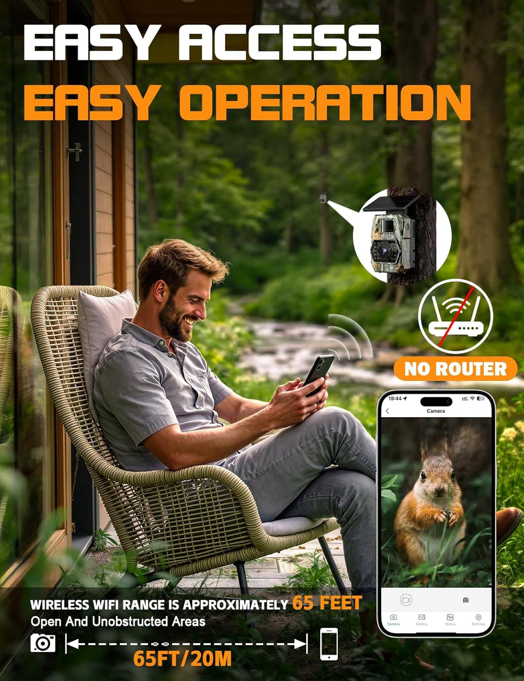 Wildkamera mit Handyübertragung App, 4K 60MP HD Solar WLAN Wildkamera, 5200mAH Akku, Wildtierkamera