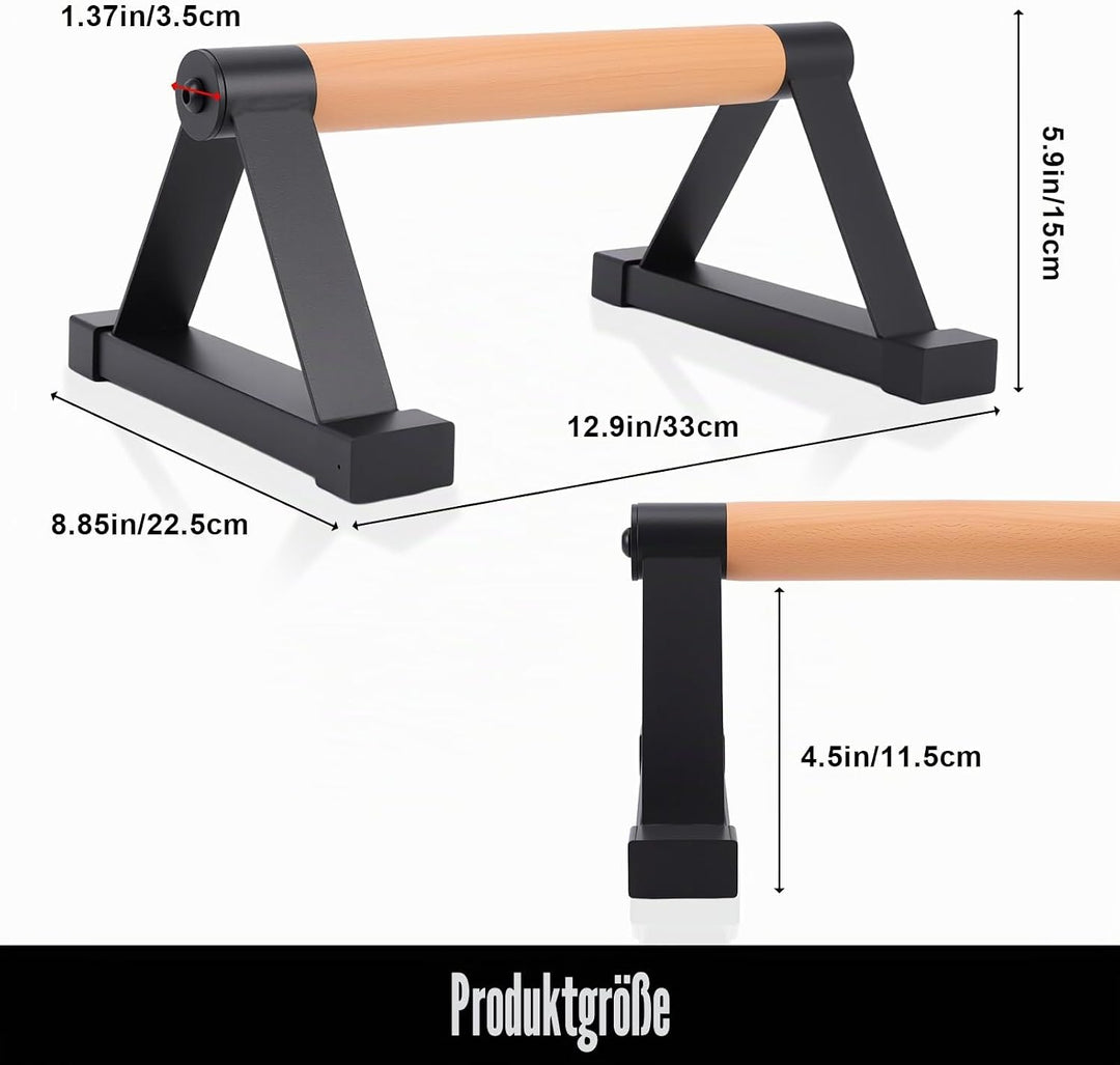 Parallettes Stäbe，Massivholz mit stabilem Metall Dreieck Halterung Push up Bars，Anti-Rutsch Handstan