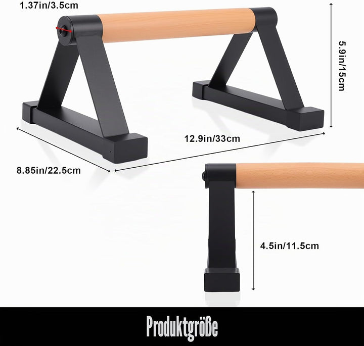 Parallettes Stäbe，Massivholz mit stabilem Metall Dreieck Halterung Push up Bars，Anti-Rutsch Handstan