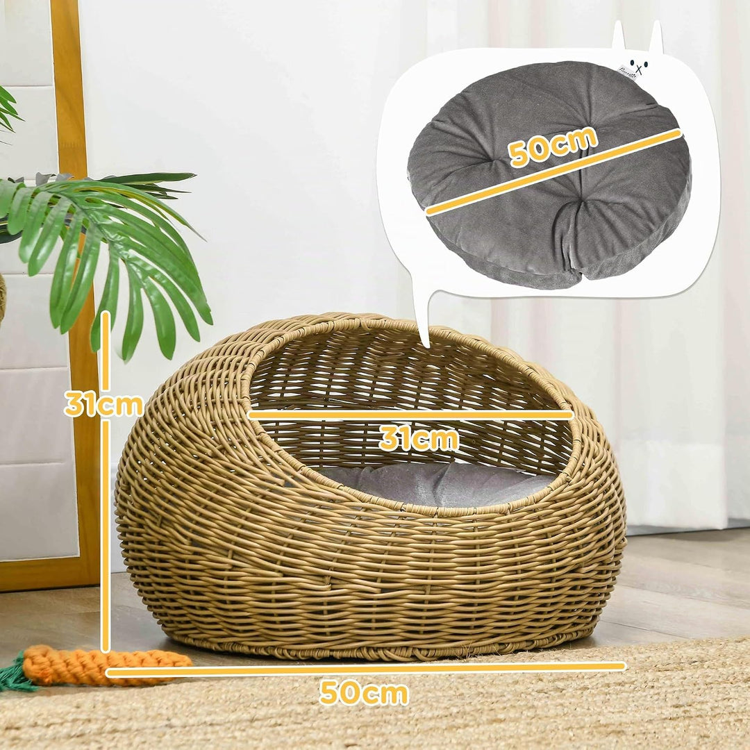PawHut Rattan Katzenkorb Katzenhaus Katzenhütte mit Kissen für Katzen bis 4 kg, Haustierbett Katzenh