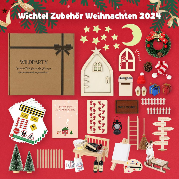 WILDPARTY 64Pcs Wichteltür Zubehör Weihnachten mit Briefen, Miniatur Feentür Leuchtend Komplettset,