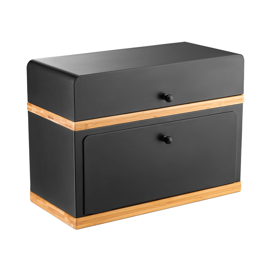 brotkasten schwarz - 2 Etagen Brotbox Metall Holz, Brotaufbewahrung für Küche, Brotbox mit Metall Br