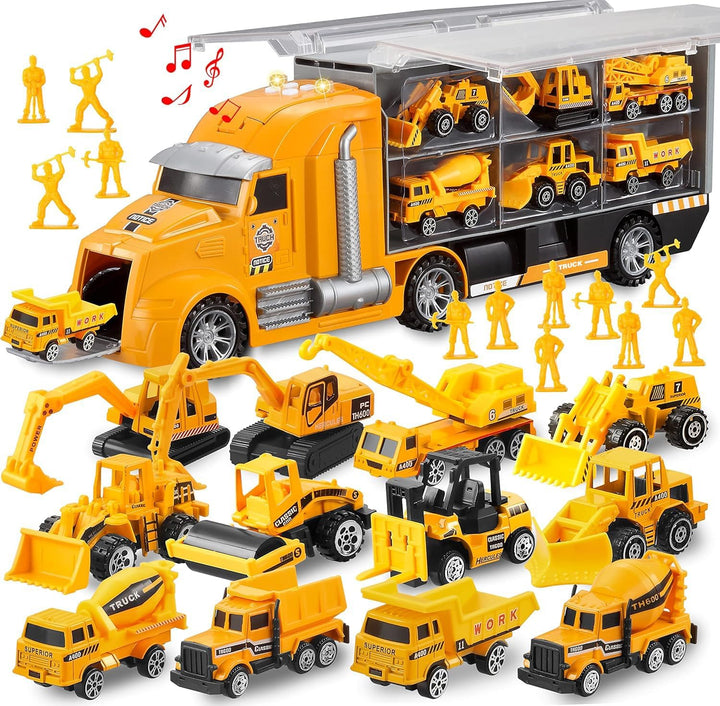 JOYIN 25-in-1-Spielzeugset aus Druckguss-Baufahrzeugen (einschliesslich Transporter, Bagger, Kipper,