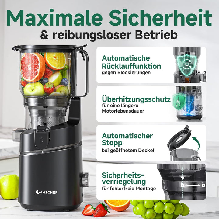 AMZCHEF 250W Automatischer All-In-One Entsafter, 165MM Öffnung und 1,8L Kaltpresse für Gemüse und Ob