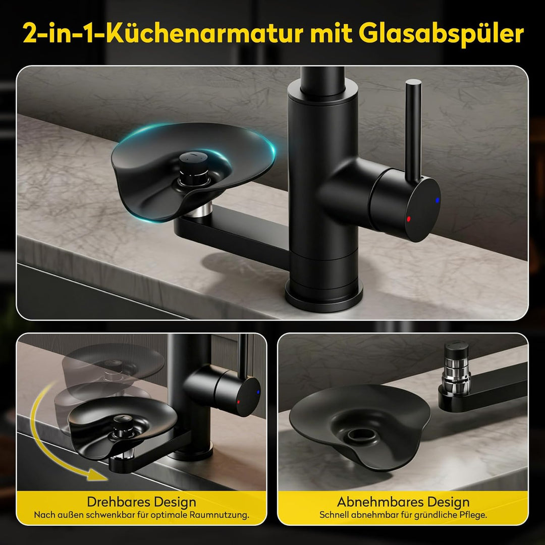JONKEAN Hochdruck Küchenarmatur mit Brause, Armatur Küche mit Gläserspüler, 360° Drehbar Mischbatter