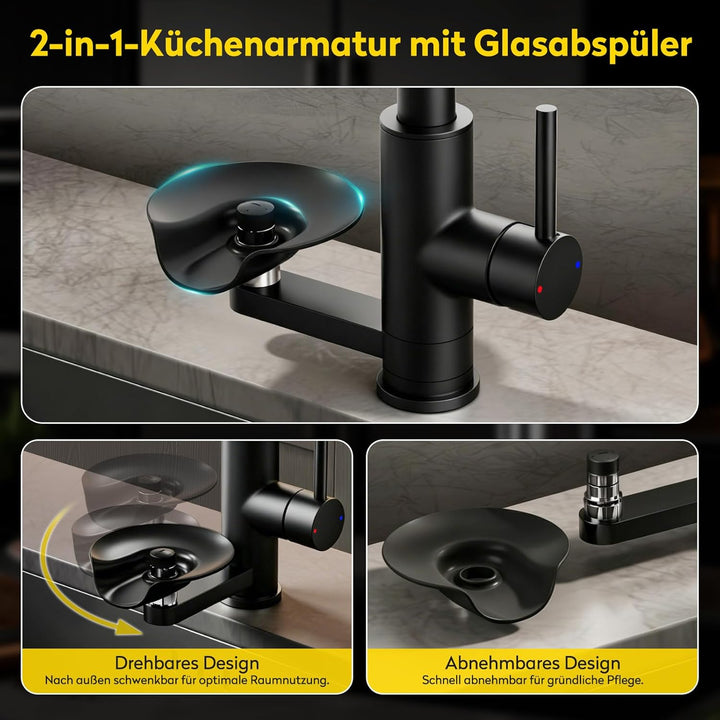 JONKEAN Hochdruck Küchenarmatur mit Brause, Armatur Küche mit Gläserspüler, 360° Drehbar Mischbatter