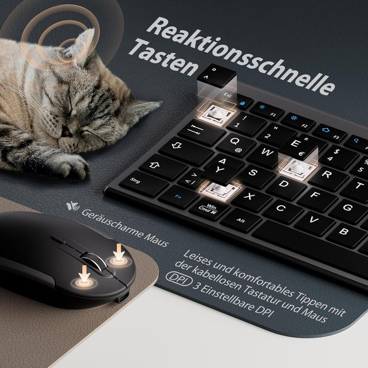 iClever GK03 2.4G Tastatur Maus Set Kabellos, Aluminium Wireless Slim Tastatur QWERTZ Layout (Deutsc
