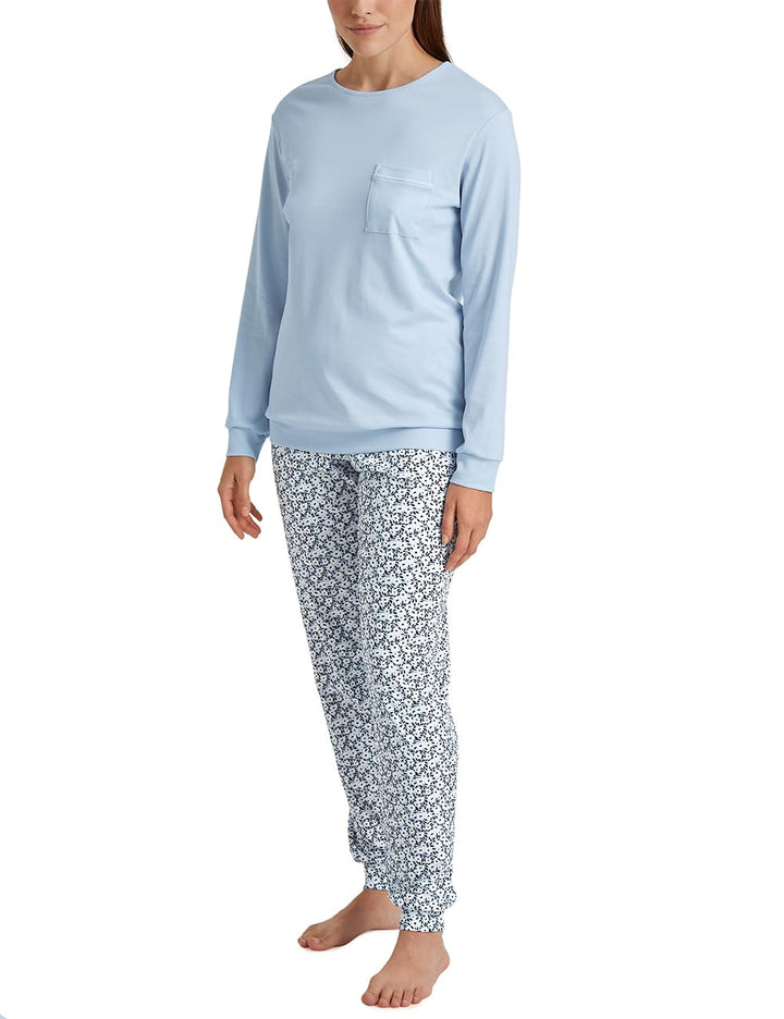 CALIDA Sweet Dreams Bündchen-Pyjama, Schlafanzug Damen, aus 100% Baumwolle, Hose mit stoffbezogenem