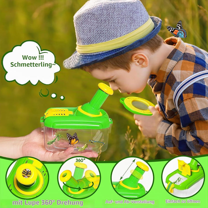Entdecker Set für Kinder ab 4, 17 Stück Forscherset für Kinder, Insektenbox mit Drehbar Lupe, Kinder