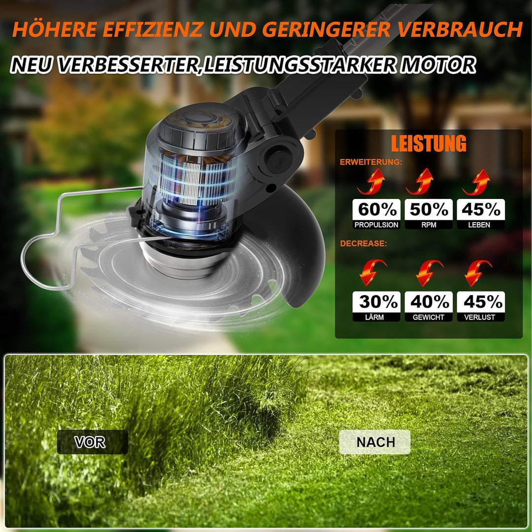 Akku-Rasentrimmer 21V Elektrischer Rasentrimmer - Motorsense akku Mit 2x2000mAh Batterie und 4 Messe