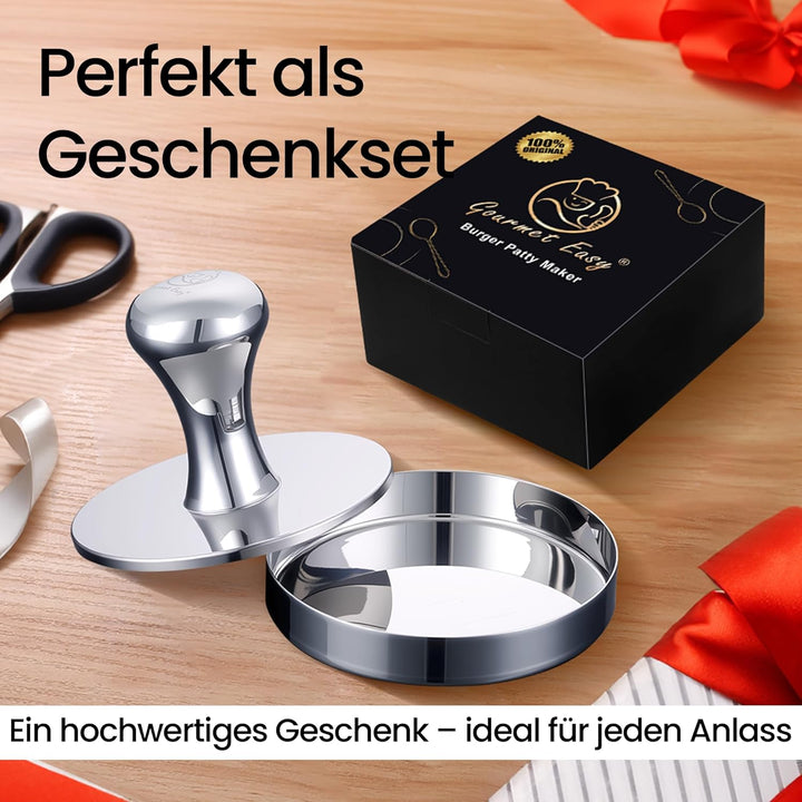 Burgerpresse aus Edelstahl 2-in-1 | Burger Patty Presse & Hamburgerpresse | inkl. Antihaft-Trennpapi