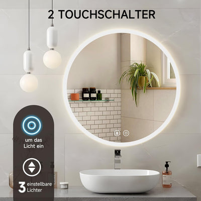YOLEO Badspiegel rund mit Beleuchtung, LED Spiegel mit Touchschalter, Badzimmerspiegel LED Beschlagf