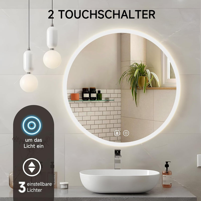 YOLEO Badspiegel rund mit Beleuchtung, LED Spiegel mit Touchschalter, Badzimmerspiegel LED Beschlagf