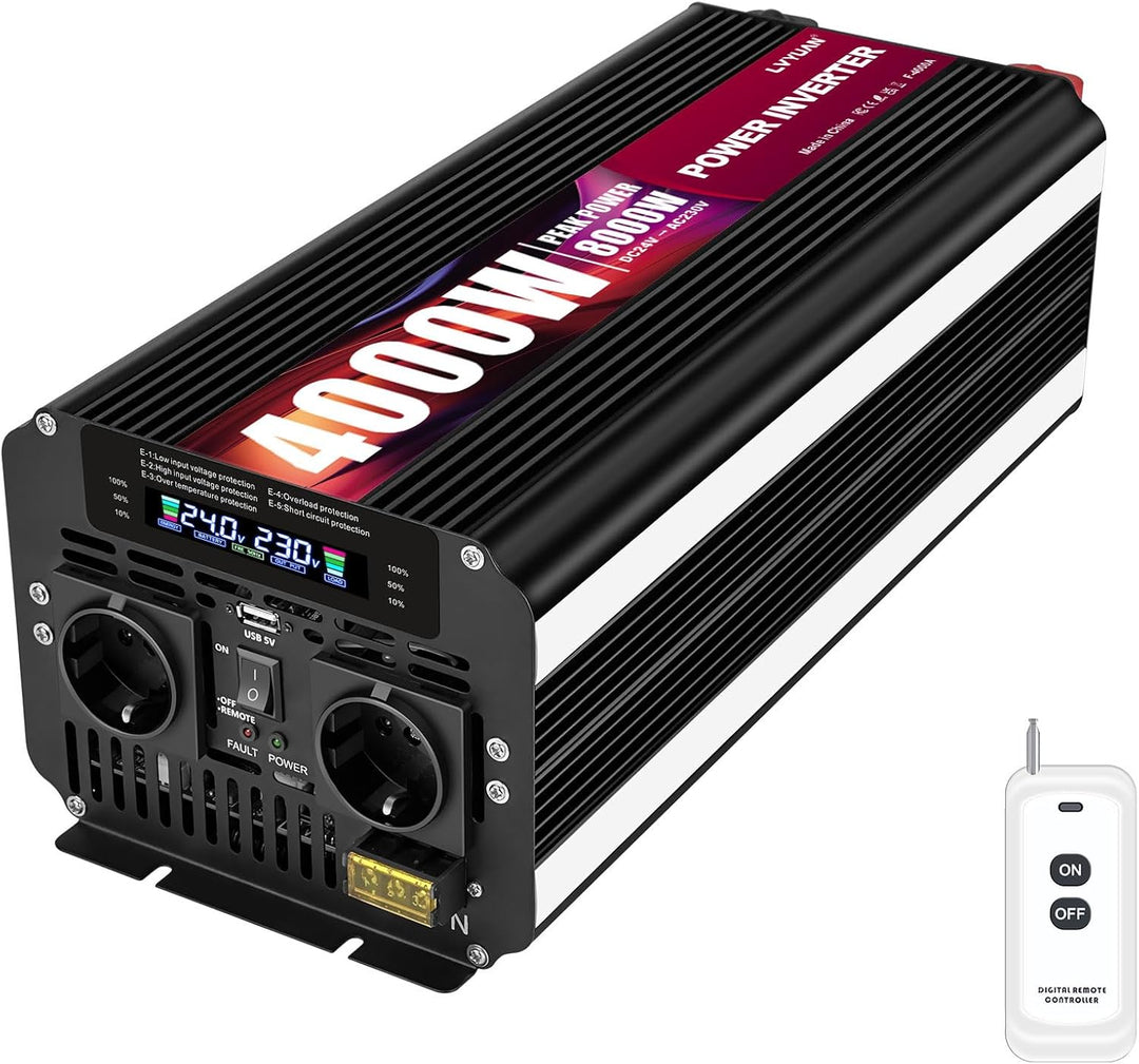 LVYUAN Wechselrichter 24V 230V 4000W /8000W Konverter Spannungswandler mit Kabelloser Fernbedienung,